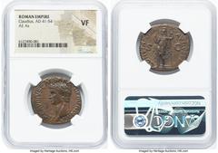 Ancients Roman Imperial Claudius I (AD 41-54). AE as (29mm, 6h). NGC VF. Rome, ca. AD 41-50. TI CLAVDIVS CAESAR AVG P M TR P IMP, bare head of Claudius I left / CONSTANTIAE-AVGVSTI, Constantia standin