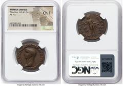 Ancients Roman Imperial Claudius I (AD 41-54). AE as (28mm, 5h). NGC Choice Fine. Rome, ca. 50-54 AD. TI CLAVDIVS CAESAR AVG P M TR P IMP P P, bare head of Claudius I left / LIBERTAS-AVGVSTA, Libertas