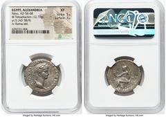 Ancients Roman Provincial EGYPT. Alexandria. Nero (AD 54-68). BI tetradrachm (25mm, 12.77 gm, 12h). NGC XF 5/5 - 3/5. Dated Regnal Year 5 (AD 58/9). ΝΕΡΩ ΚΛΑΥ ΚΑΙΣ-ΣΕΒΑ ΓΕΡ ΑΥΤΟ, laureate head of Nero