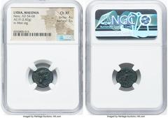 Ancients Roman Provincial LYDIA. Maeonia. Nero (AD 54-68). AE (19mm, 2.82 gm, 1h). NGC Choice XF 4/5 - 5/5. Ca. AD 65, Tiberius Claudius Menecrates, magistrate. ΝЄΡΩΝ ΚΑΙϹΑΡ, laureate head of Nero rig