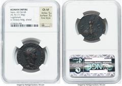 Ancients Roman Imperial Nero, as Augustus (AD 54-68). AE as (28mm, 11.56 gm, 6h). NGC Choice VF 5/5 - 4/5, Fine Style. Lugdunum, AD 66. IMP NERO CAESAR-AVG P MAX TR P P P, bare head of Nero right, glo