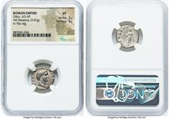 Ancients Roman Imperial Otho (January-April AD 69). AR denarius (17mm, 3.01 gm, 6h). NGC VF 3/5 - 3/5. Rome. IMP M OTHO CAESAR AVG TR P, bare, bewigged head of Otho right / PAX ORBIS TERRARVM, Pax sta