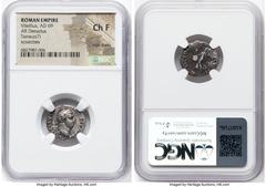 Ancients Roman Imperial Vitellius (late April-20 December AD 69). AR denarius (18mm, 7h). NGC Choice Fine, edge marks, scratches. Lugdunum, ca March-July AD 69. A VITELLIVS IMP GERMAN, laureate head o