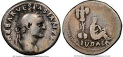 Ancients Roman Imperial Vespasian (AD 69-79). AR denarius (18mm, 6h). NGC VG. Rome, 21 December AD 69-early AD 70. IMP CAESAR VESPASIANVS AVG, laureate bust of Vespasian right / IVDAEA, mourning Judae