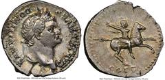 Ancients Roman Imperial Domitian, as Caesar (AD 81-96). AR denarius (19mm, 3.56 gm, 4h). NGC AU 4/5 - 4/5. Rome, AD 77-78. CAESAR AVG F-DOMITIANVS, laureate head of Domitian right / Horseman galloping