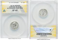 Ancients Roman Imperial Domitian, as Augustus (AD 81-96). AR denarius (19mm, 6h). ANACS XF 40. Rome, 14 September AD 95-13 September AD 96. IMP CAES DOMIT AVG-GERM P M TR P XV, laureate head of Domiti