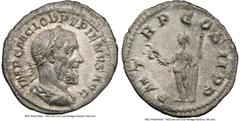 Ancients Roman Imperial Pupienus (April-July AD 238). AR denarius (20mm, 2.59 gm, 11h). NGC AU 5/5 - 4/5. Rome. IMP C M CLOD PVPIENVS AVG, laureate, draped and cuirassed bust of Pupienus right, seen f