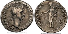 Ancients Roman Imperial Nerva (AD 96-98). AR denarius (18mm, 5h). NGC VF. Rome, AD 96. IMP NERVA CAES AVG P M TR P II COS III P P, laureate head of Nerva right / AEQVITAS-AVGVST, Aequitas standing fac
