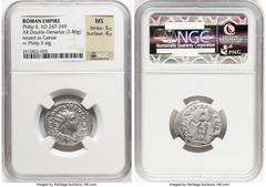 Ancients Roman Imperial Philip II, as Caesar (AD 247-249). AR antoninianus (22mm, 3.86 gm, 12h). NGC MS 5/5 - 4/5. Rome. M IVL PHILIPPVS CAES, radiate, draped bust of Philip II right, seen from behind