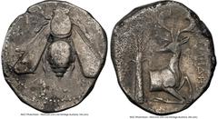 IONIA. Ephesus. Ca. 4th century BC. AR tetradrachm (24mm, 11h). NGC Choice Fine. Ca. 340-325 BC, Eumedes, magistrate. E-Φ, bee with straight wings seen from above / EYMHΔHΣ, forepart of stag kneeling 