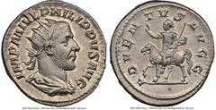 Philip I (AD 244-249). AR antoninianus (22mm, 3.94 gm, 1h). NGC AU 5/5 - 4/5. Rome, AD 244-247. IMP M IVL PHILIPPVS AVG, radiate, draped and cuirassed bust of Philip I right, seen from behind / ADVENT