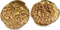 Ancients Celtic BRITAIN. Corieltavi. Ca. 60-20 BC. AV stater (20mm, 6.15 gm, 9h). NGC AU 4/5 - 4/5, light scuffs. Uninscribed issues, North East Coast Type, ca. 50 BC. Deconstructed and Celticized hea