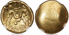 Ancients Celtic EASTERN GAUL. Ambiani. Ca. mid-1st century BC. AV stater (17mm, 6.12 gm). NGC Choice XF 5/5 - 4/5. Sills Class 3b, Gallic War issue, ca. 56-55 BC. Blank convex surface / M-shaped disjo