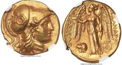 Ancients Greek MACEDONIAN KINGDOM. Alexander III the Great (336-323 BC). AV stater (19mm, 8.58 gm, 8h). NGC Choice AU 4/5 - 5/5, Fine Style, flan flaw. Posthumous issue of Babylon, by Antigonos I Mono