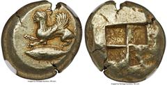 Ancients Greek MYSIA. Cyzicus. Ca. 550-450 BC. EL stater (20mm, 16.08 gm). NGC Choice VF 4/5 - 5/5. Sphinx crouching left, right forepaw raised; tunny fish left below / Quadripartite incuse square pun