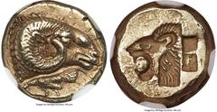 Ancients Greek LESBOS. Mytilene. Ca. 521-478 BC. EL sixth-stater or hecte (11mm, 2.57 gm, 7h). NGC Choice AU S 5/5 - 4/5, Fine Style. Head of ram right, wearing beaded collar; cock feeding left below 