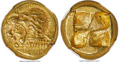 Ancients Greek IONIA. Erythrae. Ca. 550-500 BC. EL sixth-stater or hecte (10mm, 2.57 gm). NGC AU S 5/5 - 5/5. Head of Heracles left, wearing lion skin headdress / Quadripartite incuse square punch wit