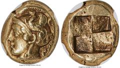 Ancients Greek IONIA. Phocaea. Ca. 477-388 BC. EL sixth-stater or hecte (11mm, 2.54 gm). NGC Choice XF 5/5 - 4/5. Head of Athena left, wearing crested Attic helmet decorated with griffin; seal left be