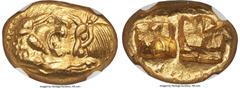Ancients Greek LYDIAN KINGDOM. Croesus (561-546 BC). AV stater (17mm, 8.05 gm). NGC MS 5/5 - 3/5, light scuffs. Croeseid "light" standard, Sardes, ca. 550-546 BC. Confronted foreparts of lion right an