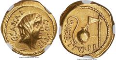Ancients Roman Republic Julius Caesar, as Consul for the Third Time (46 BC), with Aulus Hirtius, as Praetor. AV aureus (19mm, 7.95 gm, 2h). NGC Choice XF 5/5 - 3/5, edge marks. Rome. C•CAESAR-COS•TER,