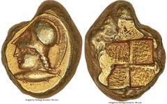 Ancients Greek MYSIA. Cyzicus. Ca. 5th-4th centuries BC. EL stater (21mm, 15.96 gm). NGC AU 5/5 - 3/5, Fine Style, scuffs. Head of Athena left, wearing Corinthian helmet pushed back on head; tunny fis