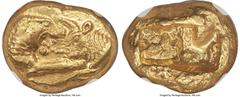Ancients Greek LYDIAN KINGDOM. Croesus (561-546 BC). AV stater (15mm, 8.09 gm). NGC Choice MS 5/5 - 5/5. Croeseid "light" standard, Sardes, ca. 550-546 BC. Confronted foreparts of lion right and bull 