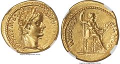 Ancients Roman Imperial Tiberius (AD 14-37). AV aureus (19mm, 7.84 gm, 4h). NGC MS 4/5 - 4/5. Lugdunum, ca. AD 14-17. TI CAESAR DIVI-AVG F AVGVSTVS, laureate head of Tiberius right / PONTIF-MAXIM, Liv