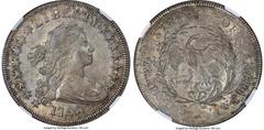 Early Dollars 1798 $1 Small Eagle, 15 Stars, B-2, BB-81, R.3, AU53 NGC. Bowers Die State II with obverse die lapping evident on the highest hair wave. Two 1798 Small Eagle varieties are known from uni