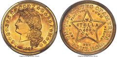 Patterns 1880 $4 Flowing Hair Stella, Judd-1658, Pollock-1858, High R.6, Gilt, PR64+ PCGS. CAC. Ex: Simpson. George T. Morgan and Charles Barber each created designs for the famous four-dollar stella.