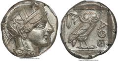 Ancients Greek ATTICA. Athens. Ca. 440-404 BC. AR tetradrachm (25mm, 17.21 gm, 11h). NGC Choice MS 5/5 - 5/5. Mid-mass coinage issue. Head of Athena right, wearing earring, necklace, and crested Attic