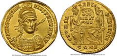 Ancients Roman Imperial Constantius II, as Augustus (AD 337-361). AV solidus (21mm, 4.41 gm, 6h). NGC MS 5/5 - 2/5, slight bend, graffito. Constantinople, AD 351-355. FL IVL CONSTAN-TIVS PERP AVGV, pe