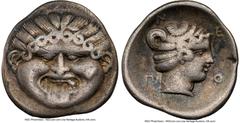 Ancients Greek MACEDON. Neapolis. Ca. 425-350 BC. AR hemidrachm or triobol (15mm, 12h). NGC VF. Head of gorgoneion facing, tongue protruding below upper row of teeth / N-E/Π-O, head of nymph right, ha
