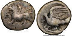 Ancients Greek SICYONIA. Sicyon. Ca. 350-280 BC. AR triobol (15mm, 2h). NGC VG. Chimera standing left, raising right forepaw; ΣI below / Dove flying left. HGC 5, 213. From the Forest Wayne Collection.