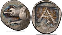 Ancients Greek ARGOLIS. Argos. Ca. after 125 BC. AR triobol (16mm, 2h). NGC VF. Hieron, magistrate, ca. 90-40 BC. Forepart of wolf at bay left / I-E/P-Ω/NO-Σ in three lines across field, around large 