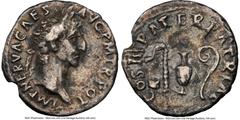 Ancients Roman Imperial Nerva (AD 96-98). AR denarius (18mm, 7h). NGC Choice Fine, smoothing, edge cut. Rome. IMP NERVA CAES-AVG P M TR POT, laureate head of Nerva right / COS III PATER PATRIAE, simpu