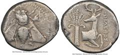 Ancients Greek IONIA. Ephesus. Ca. 4th century BC. AR tetradrachm (26mm, 11h). NGC Choice Fine. Ca. 340-325 BC, Pelephus, magistrate. E-Φ, bee with straight wings seen from above / ΠHΛEΦOΣ, forepart o