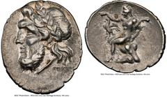 Ancients Greek ARCADIAN LEAGUE. Megalopolis. Ca. 195-168 BC. AR triobol or hemidrachm (18mm, 2.46 gm, 2h). NGC Choice VF 5/5 - 5/5. Laureate head of Zeus left / Pan seated left on rock, raising right 