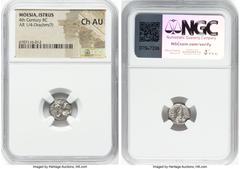 Ancients Greek MOESIA. Istrus. Ca. 4th century BC. AR quarter-drachm(?) (12mm, 9h). NGC Choice AU. Two facing male heads side-by-side, the right inverted / IΣTPIH, sea eagle left perched on dolphin le