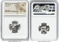 Ancients Greek SARONIC ISLANDS. Aegina. Ca. 525-475 BC. AR stater (20mm). NGC VG, countermark. Sea turtle, viewed from above, head turned sideways, with thin collar and row of six dots down center of 