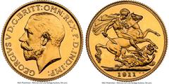 Great Britain George V 10-Piece Certified gold & silver "Short" Proof Set 1911 NGC, 1) gold Sovereign PR65 2) gold 1/2 Sovereign PR66 Cameo 3) 1/2 Crown 1911 PR62 4) Florin 1911 PR62 5) Shilling 1911 