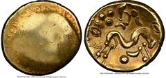 Ancients Celtic EASTERN GAUL. Ambiani. Ca. mid 1st century BC. AV stater (18mm, 6.19 gm). NGC XF 4/5 - 3/5, edge marks. Sills Class 3b, Gallic War issue, ca. 56-55 BC. Blank convex surface / M-shaped 