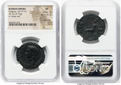 Ancients Roman Imperial Gaius (Caligula) (AD 37-41). AE as (28mm, 9.77 gm, 7h). NGC VF 5/5 - 2/5, scratches. Rome, 37-38 AD. C•CAESAR•AVG•GERMANICVS•PON•M•TR•POT, bare head of Caligula left / VESTA, V