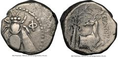 Ancients Greek IONIA. Ephesus. Ca. 4th century BC. AR tetradrachm (22mm, 12h). NGC Fine. Ecatocles, magistrate. E-Φ, bee with straight wings seen from above / EKATOKΛHΣ, forepart of stag kneeling righ