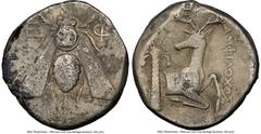 Ancients Greek IONIA. Ephesus. Ca. 4th century BC. AR tetradrachm (23mm, 12h). NGC Fine. Amphilochus, magistrate. E-Φ, bee with straight wings seen from above / AMΦIΛOXOΣ, forepart of stag kneeling ri