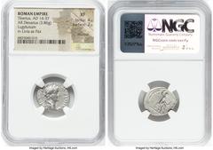Ancients Roman Imperial Tiberius (AD 14-37). AR denarius (19mm, 3.86 gm, 2h). NGC XF 4/5 - 2/5, brushed. Lugdunum, ca. AD 14-17. TI CAESAR DIVI-AVG F AVGVSTVS, laureate head of Tiberius right / PONTIF
