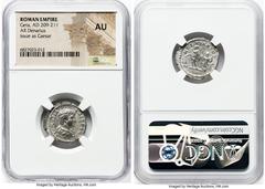 Ancients Roman Imperial Geta, as Caesar (AD 209-211). AR denarius (19mm, 7h). NGC AU. Rome, AD 200-202. P SEPT GETA-CAES PONT, bare-headed, draped bust of Geta right, seen from behind / PRI-NC I-VVENT