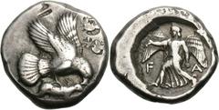 Elis. Olympia. 82nd-87th Olympiad, c. 452-432 BC. Stater, 12.39g (10h). Obv: Eagle flying right, grasping hare and tearing it with its beak. Rx: F - A in field on either side of Nike running left, hol