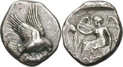 Elis. Olympia. 84th-85th Olympiad, c. 452-432 BC. Stater, 11.46g (11h). Obv: Eagle flying right with hare in its claws. Rx: Nike wearing long chiton seated left on square cippus, extending her right a