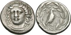 Elis. Olympia. Hera Mint, 105th Olympiad, c. 360 BC. Drachm, 5.78g (9h). Obv: Facing head of nymph Olympia, copying Kimon's Arethusa. Rx: Eagle standing right on Ionic column capital, caduceus behind,