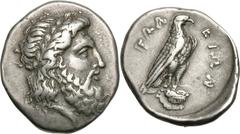 Elis. Olympia. 107th Olympiad, c. 352 BC. Stater, 11.96g (1h). Obv: Laureate head of Zeus right. Rx: FAΛ - EIΩN Eagle standing right on Ionic column. Seltman 188. SNG Copenhagen 386 (same dies). BCD 1